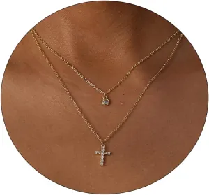 LEXODY Diamond Necklaces for Women, Dainty 14k Gold Plated Leaf Pendant Necklace Layered CZ Necklace Simple Choker Necklaces for Women Trendy Jewelry Gifts