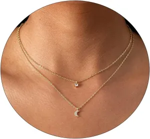 LEXODY Diamond Necklaces for Women, Dainty 14k Gold Plated Leaf Pendant Necklace Layered CZ Necklace Simple Choker Necklaces for Women Trendy Jewelry Gifts