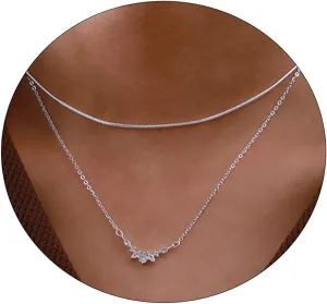 LEXODY Diamond Necklaces for Women, Dainty 14k Gold Plated Leaf Pendant Necklace Layered CZ Necklace Simple Choker Necklaces for Women Trendy Jewelry Gifts