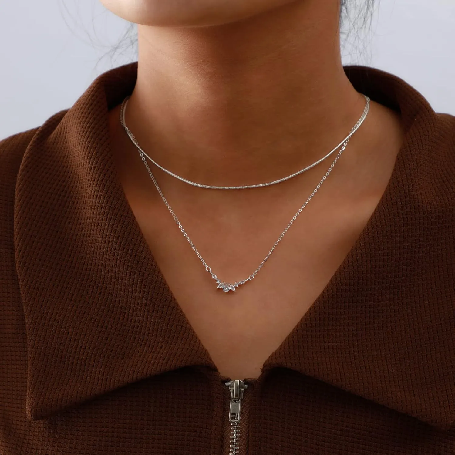 LEXODY Diamond Necklaces for Women, Dainty 14k Gold Plated Leaf Pendant Necklace Layered CZ Necklace Simple Choker Necklaces for Women Trendy Jewelry Gifts