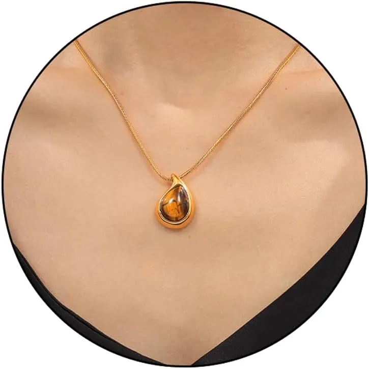 LIU JUN Tiger Eye Teardrop Necklace For Women, 14k Gold Plated Natural Stone Studded Water Drop Pendant Stainless Steel Threaded Chain Choker Statement Gift Jewelry
