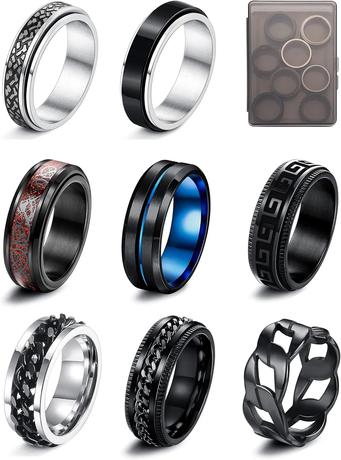 LOLIAS 8Pcs Silver Black Fidget Rings for Anxiety Relief Spinning Rings Cool Chain Silver Black Fidget Rings Trendy Band Rings for Casual to Formal Silver Black Rings for Men