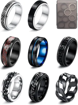 LOLIAS 8Pcs Silver Black Fidget Rings for Anxiety Relief Spinning Rings Cool Chain Silver Black Fidget Rings Trendy Band Rings for Casual to Formal Silver Black Rings for Men
