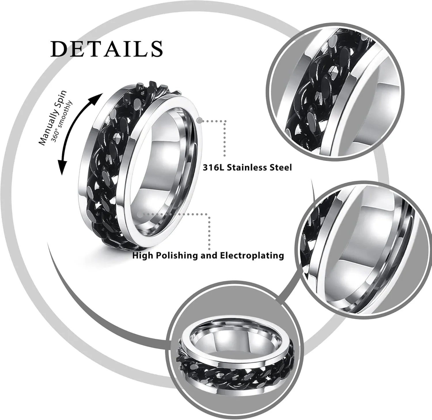 LOLIAS 8Pcs Silver Black Fidget Rings for Anxiety Relief Spinning Rings Cool Chain Silver Black Fidget Rings Trendy Band Rings for Casual to Formal Silver Black Rings for Men