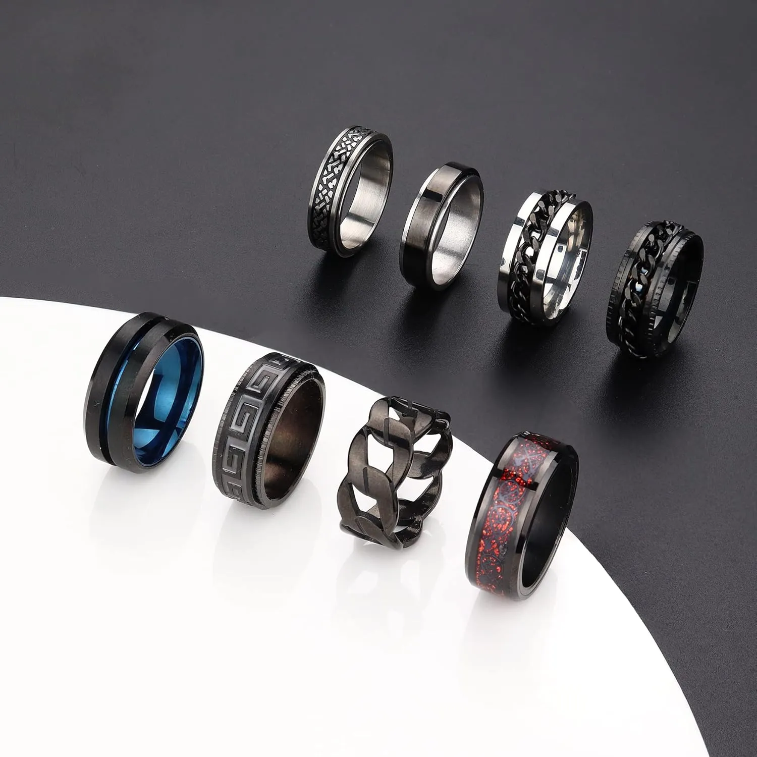 LOLIAS 8Pcs Silver Black Fidget Rings for Anxiety Relief Spinning Rings Cool Chain Silver Black Fidget Rings Trendy Band Rings for Casual to Formal Silver Black Rings for Men