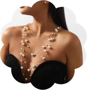 Long Pearl Necklaces Three-Strand Long Chains Pearl Beads Necklaces Earrings Set Dainty Multiple Strands Long Necklace With Pearl Earrings for Wedding Party
