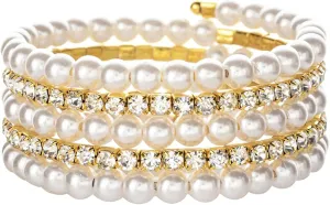 Long tiantian Pearl Bracelets for Women Pearl Jewelry Crystal Rhinestone Bangle Bracelets for Women Beaded Stretch Strand Stackable Bracelets Wedding Jewelry for Brides