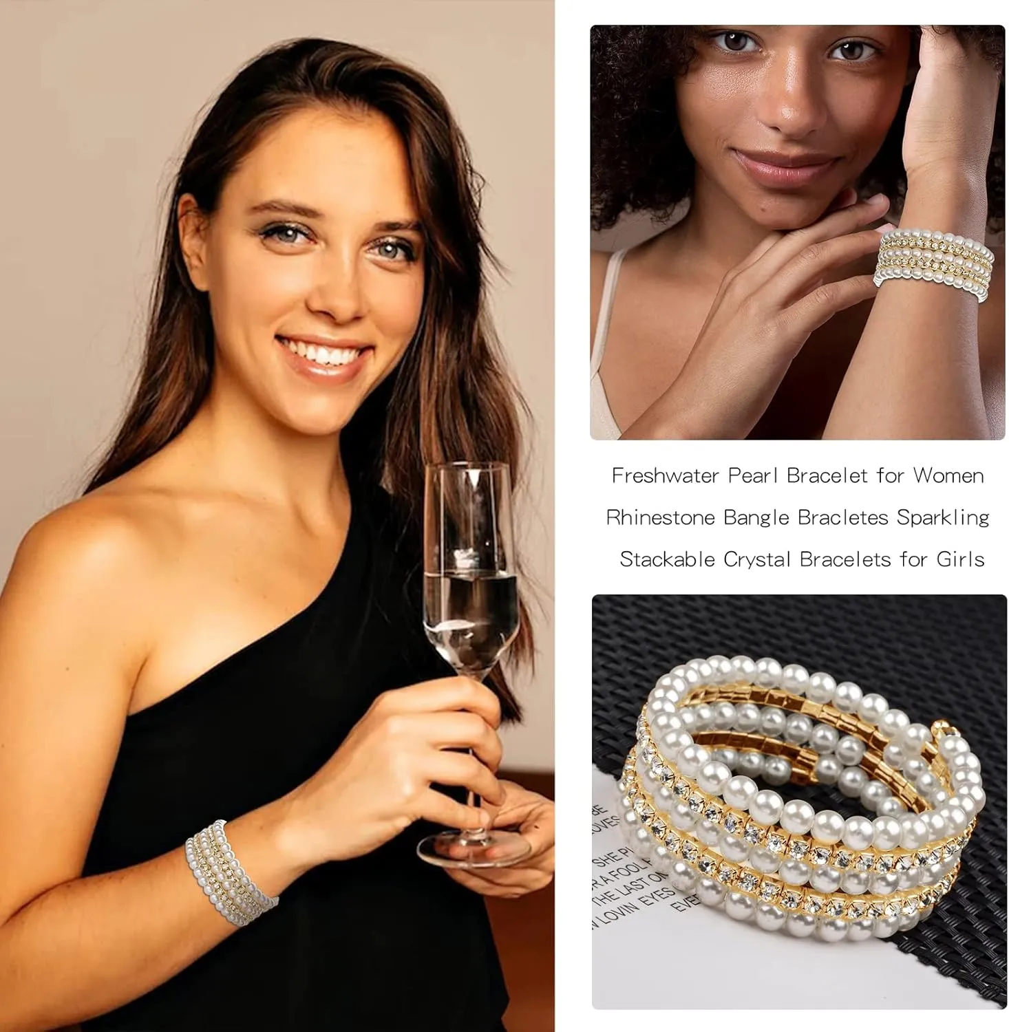 Long tiantian Pearl Bracelets for Women Pearl Jewelry Crystal Rhinestone Bangle Bracelets for Women Beaded Stretch Strand Stackable Bracelets Wedding Jewelry for Brides
