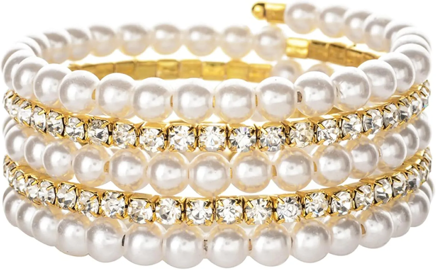 Long tiantian Pearl Bracelets for Women Pearl Jewelry Crystal Rhinestone Bangle Bracelets for Women Beaded Stretch Strand Stackable Bracelets Wedding Jewelry for Brides