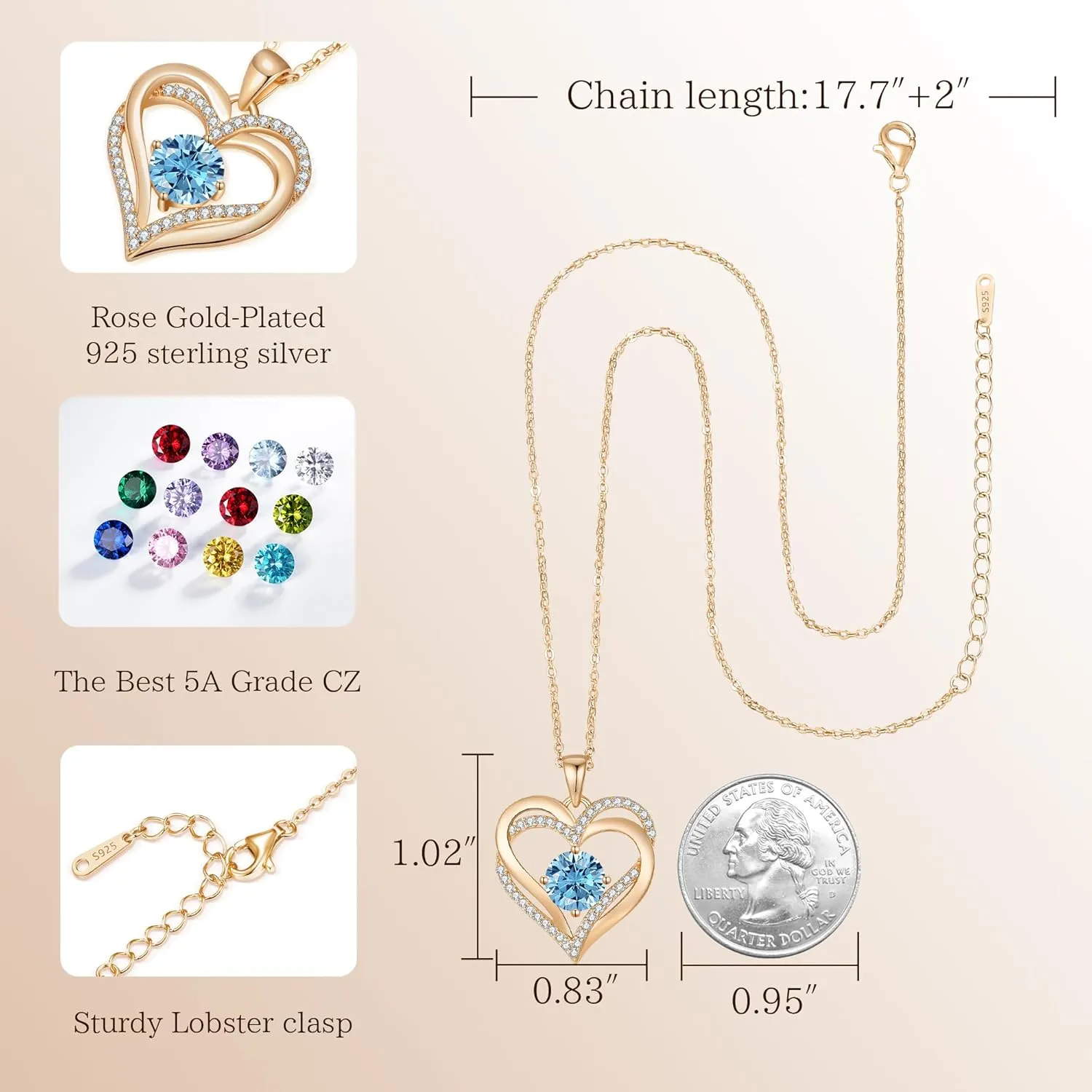 LOUISA SECRET Love Heart Birthstone Necklaces for Women, Birthday Gift for Women, Anniversary Jewelry for Wife Her, 925 Sterling Silver Pendant Necklace, Mother's Day Gift