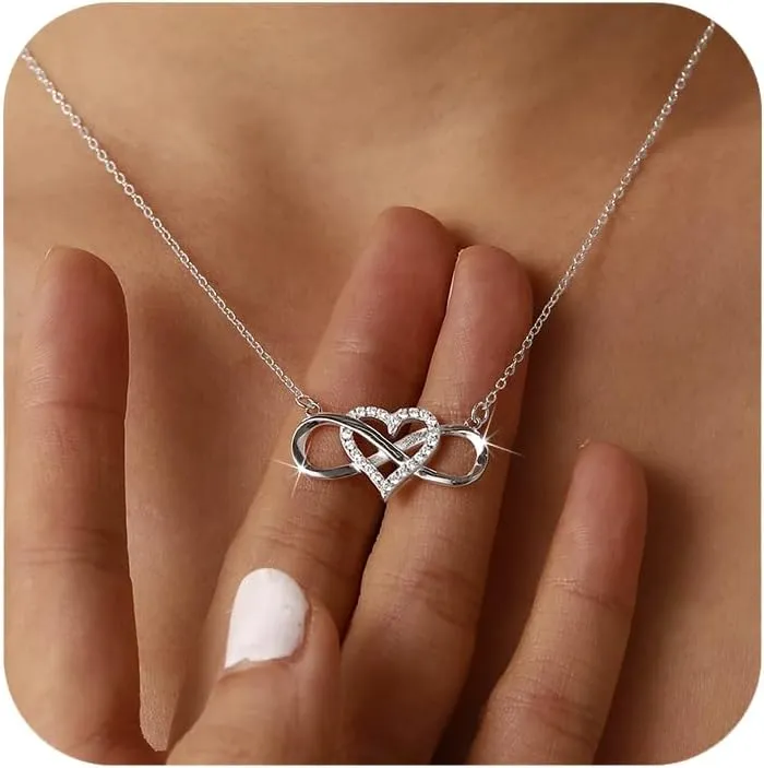 LOVECOM 925 Sterling Silver Infinity Heart Necklace for Women Mother Daughter 14K Gold Plated Cubic Zirconia Forever Love Heart Pendant Necklace Jewelry Christmas Gifts for Mom Friends