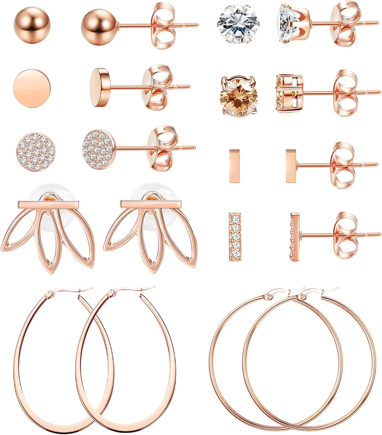 LOYALLOOK 10Pairs Rose Gold Plated Stud Earrings for Women Ball CZ Bar Stud Earrings Flower Earrings Stainless Steel Large Hoop Earring Set