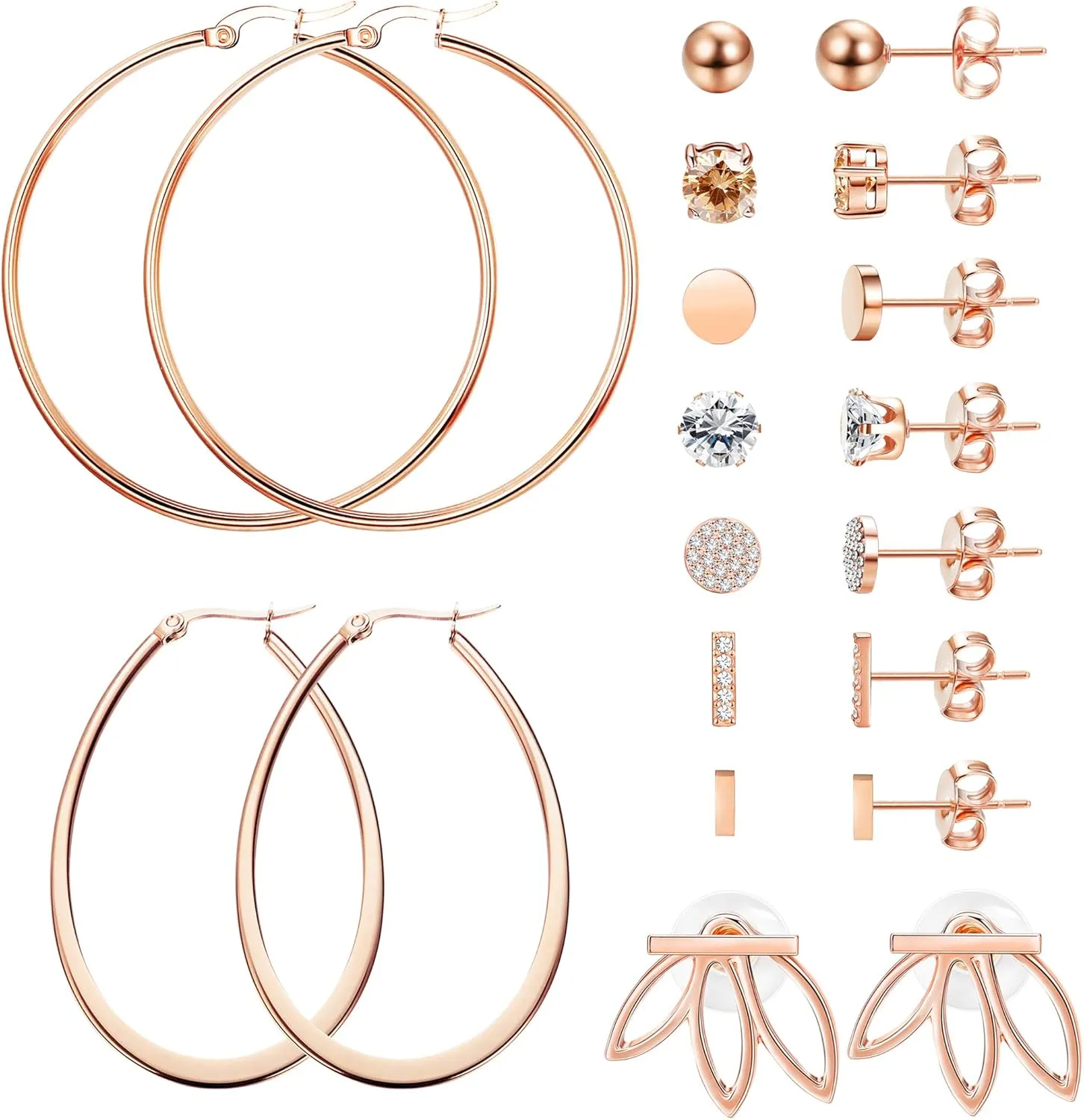 LOYALLOOK 10Pairs Rose Gold Plated Stud Earrings for Women Ball CZ Bar Stud Earrings Flower Earrings Stainless Steel Large Hoop Earring Set