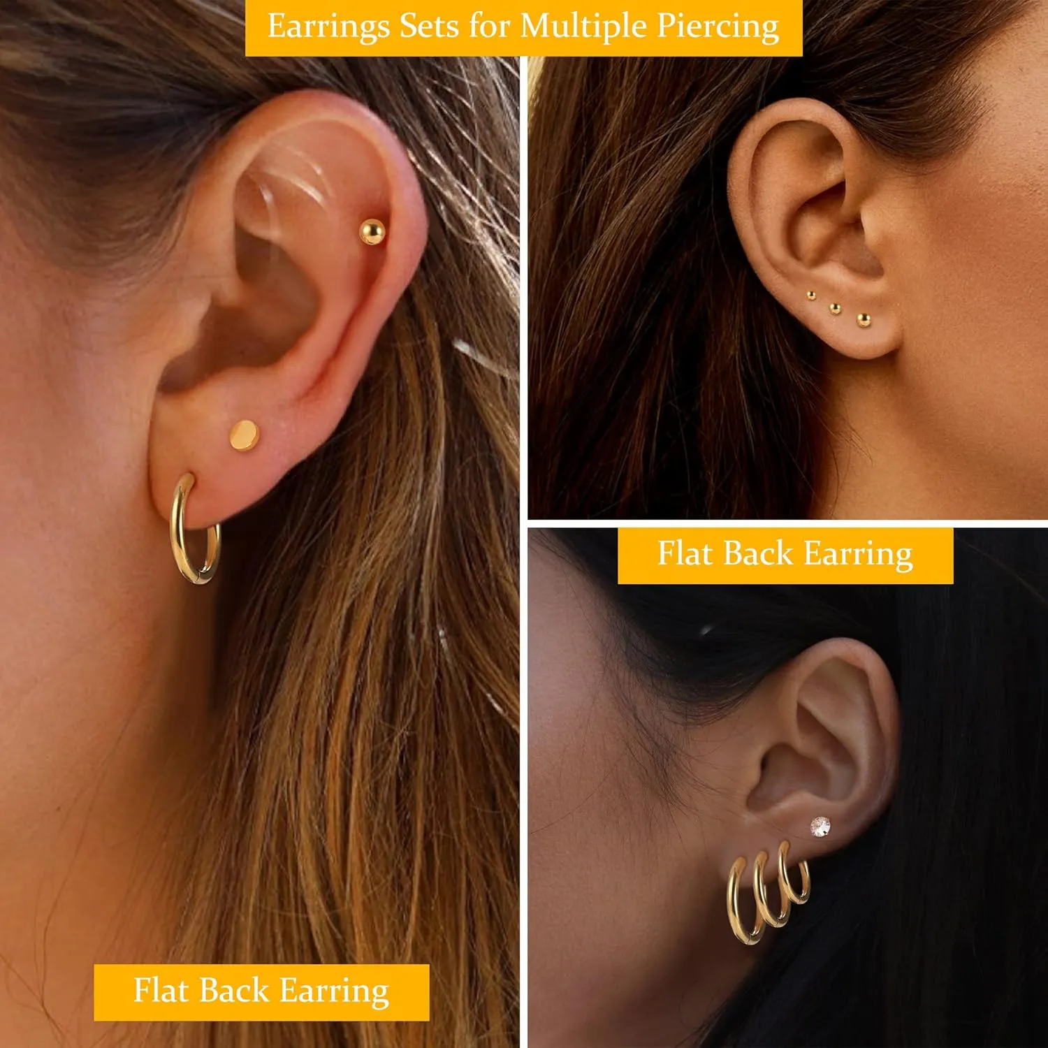Loyallook Gold Plated Tiny Stud & Huggie Hoop Earrings - Stainless Steel, CZ Ball Flat Back - Multiple Piercings: Tragus & Cartilage