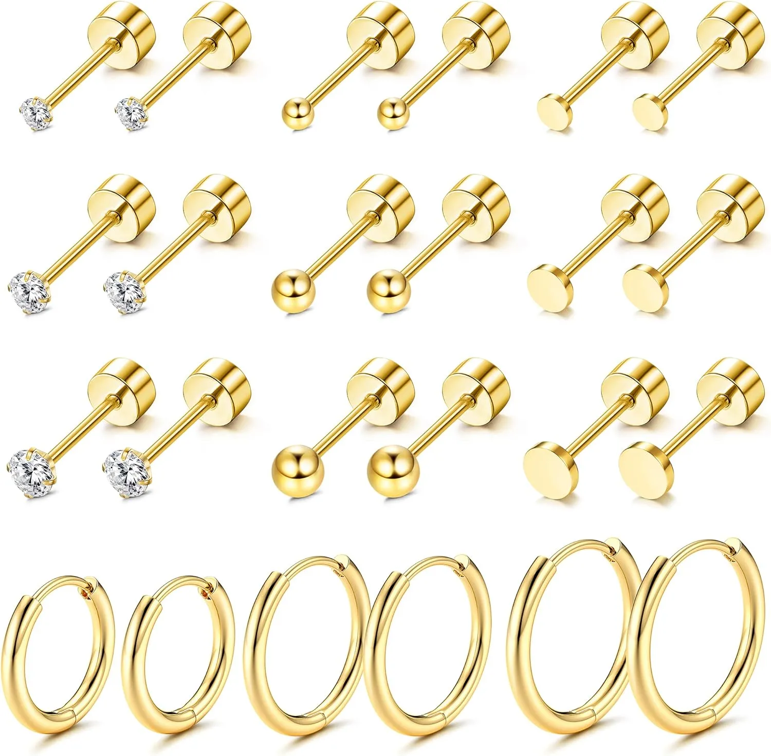 Loyallook Gold Plated Tiny Stud & Huggie Hoop Earrings - Stainless Steel, CZ Ball Flat Back - Multiple Piercings: Tragus & Cartilage