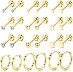 Loyallook Gold Plated Tiny Stud & Huggie Hoop Earrings - Stainless Steel, CZ Ball Flat Back - Multiple Piercings: Tragus & Cartilage