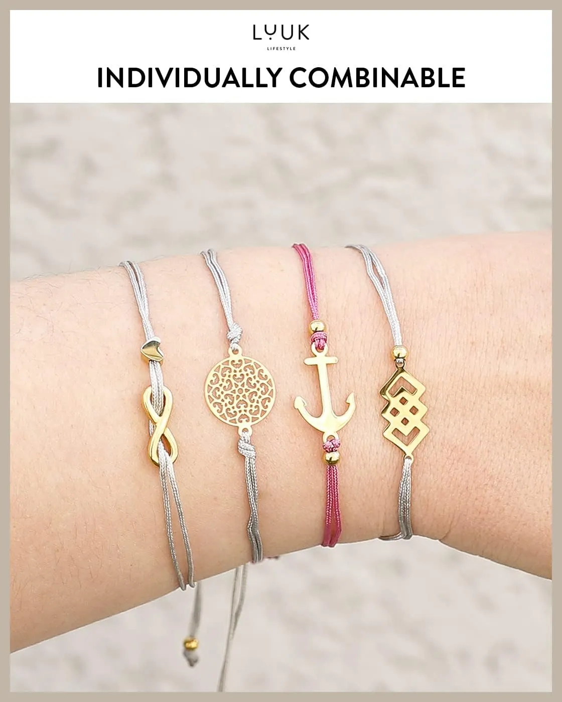 LUUK LIFESTYLE Filigree bracelet with heart I Life Tree I Infinity I Anchor I Mandala I Flower pendant and Happiness card, fashion accessory lucky charm, gift, textile band, beige, pink, black