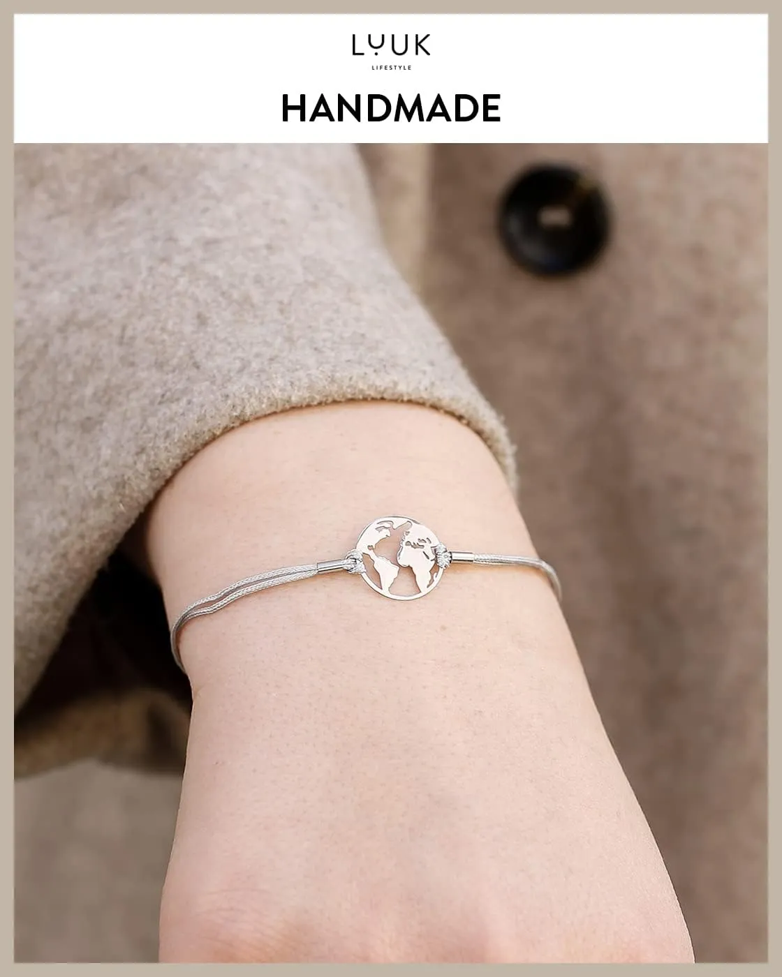 LUUK LIFESTYLE Filigree bracelet with heart I Life Tree I Infinity I Anchor I Mandala I Flower pendant and Happiness card, fashion accessory lucky charm, gift, textile band, beige, pink, black
