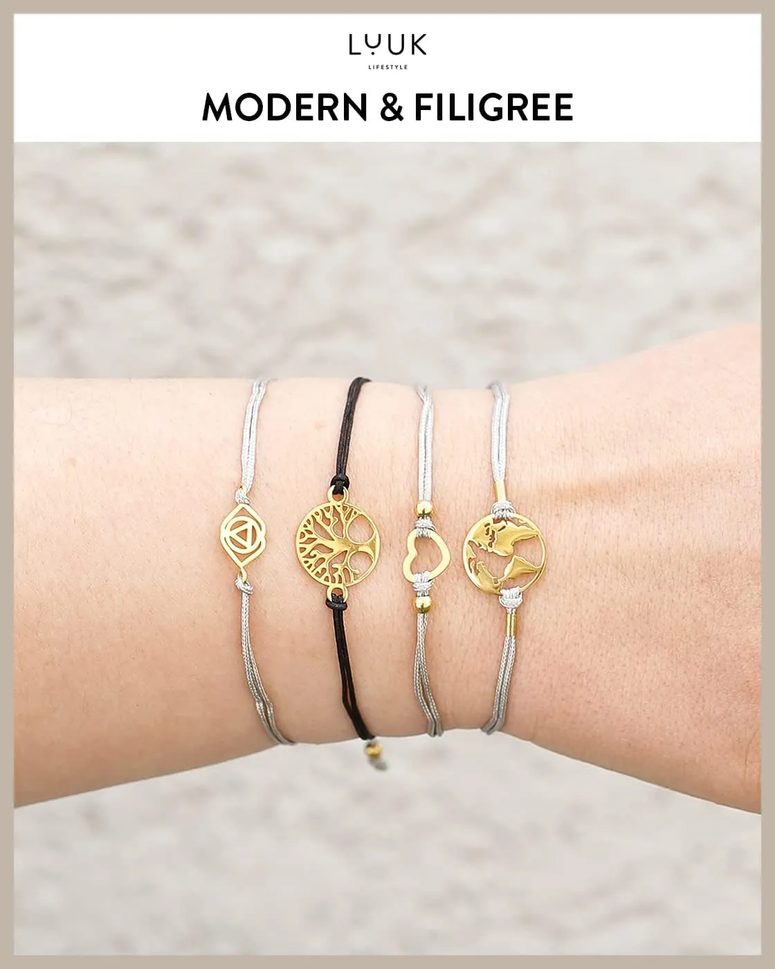 LUUK LIFESTYLE Filigree bracelet with heart I Life Tree I Infinity I Anchor I Mandala I Flower pendant and Happiness card, fashion accessory lucky charm, gift, textile band, beige, pink, black