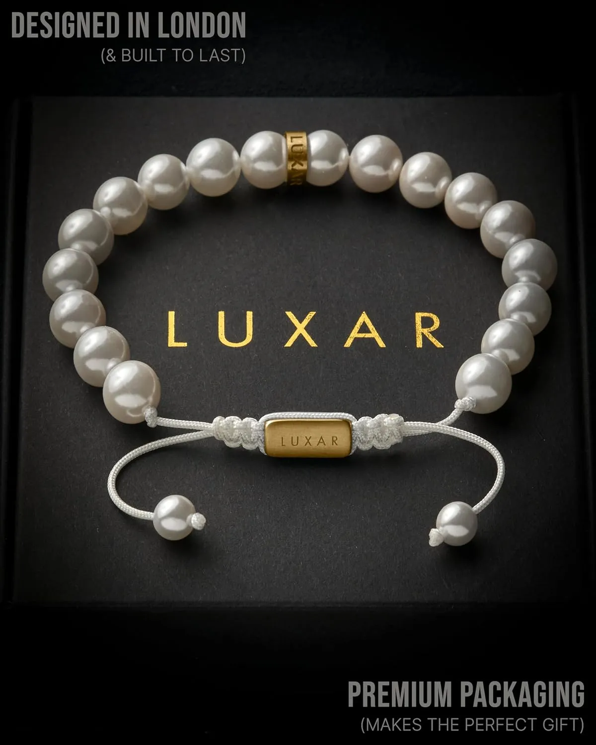 LUXAR Mens Minimalist Pearl Bracelet | 8mm and 10mm Shell Pearls with Brushed Stainless Steel or 18K Gold-Plated Adjustable Clasp and Engraved Bead |Minimalist Jewelry for Men