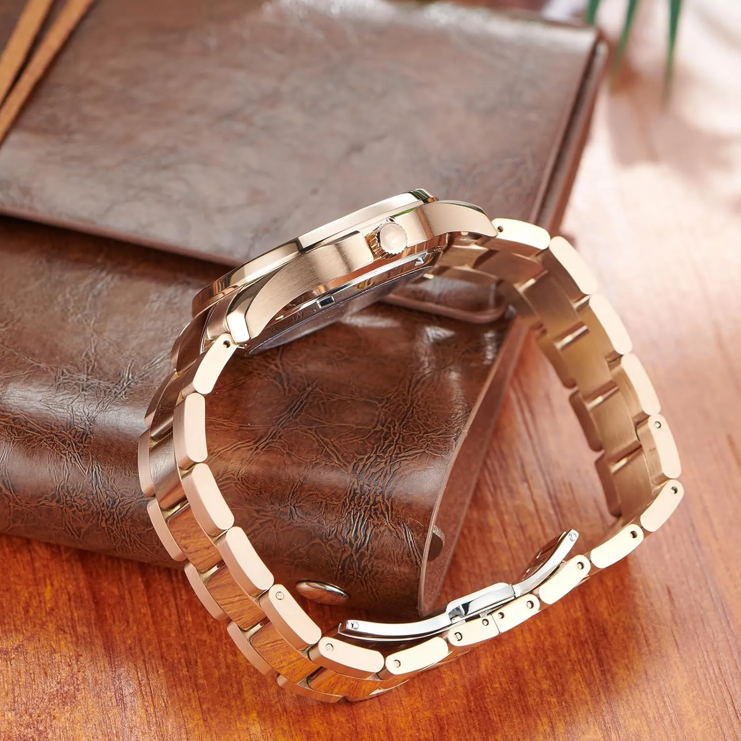 Luxury Watch, Rose Gold Stainless Steel Band, Blue Dial, Day-Date Display