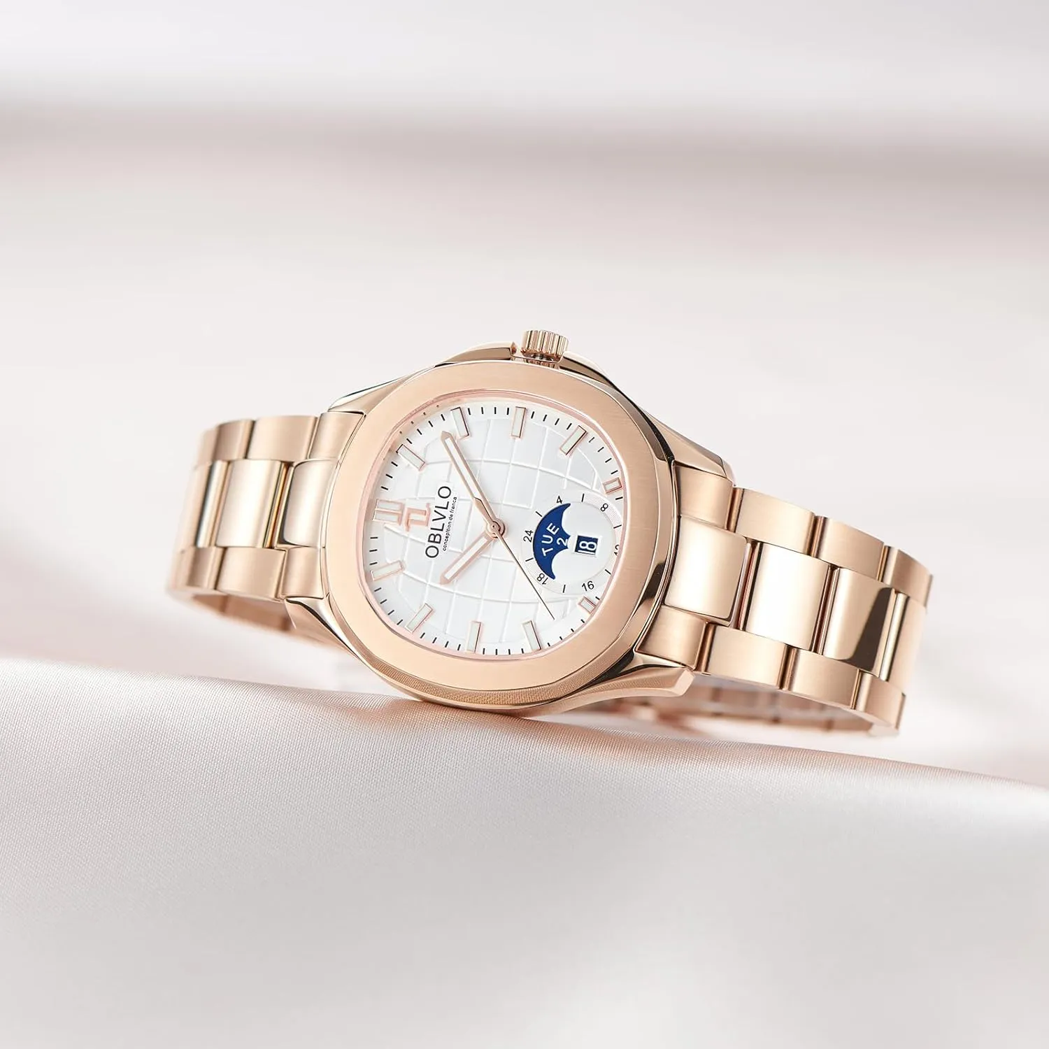 Luxury Watch, Rose Gold Stainless Steel Band, Blue Dial, Day-Date Display
