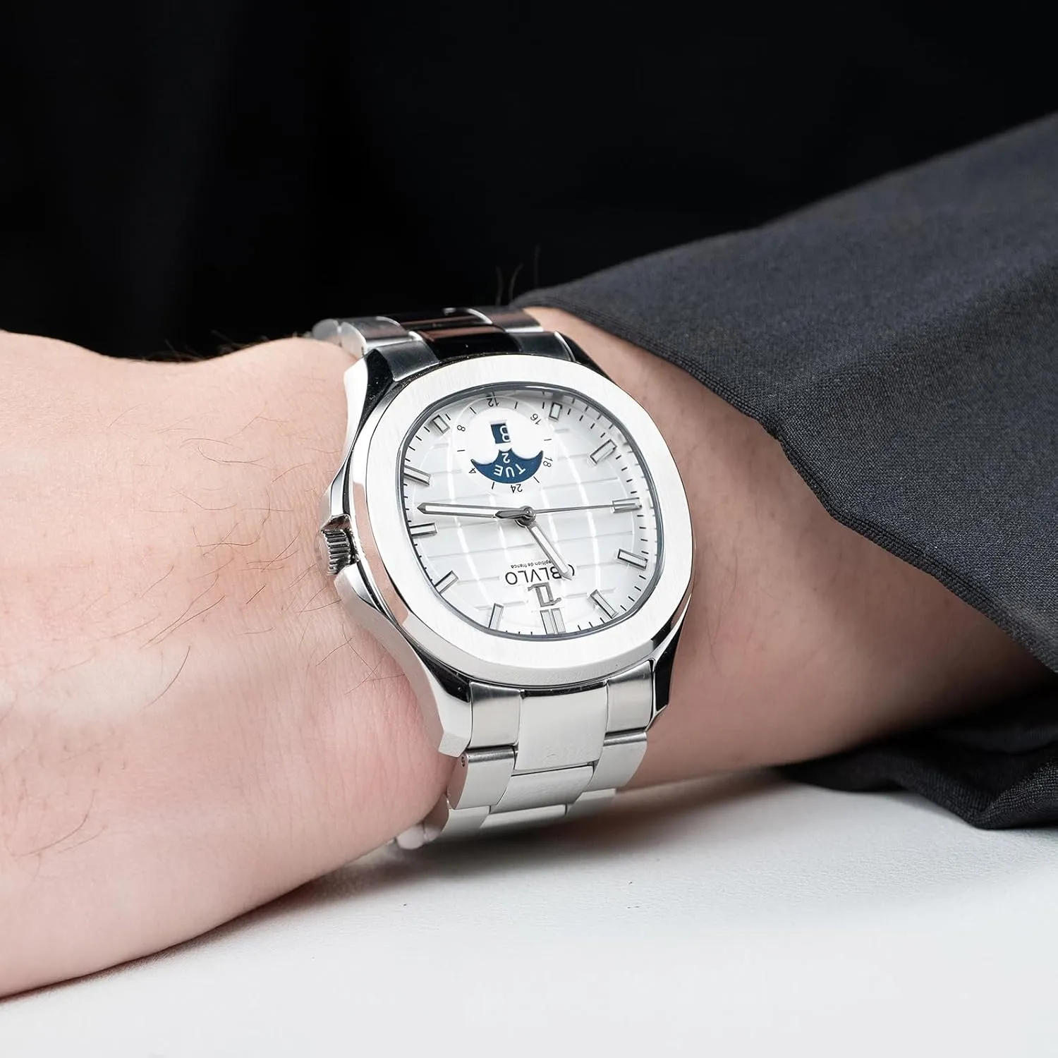 Luxury Watch, Rose Gold Stainless Steel Band, Blue Dial, Day-Date Display