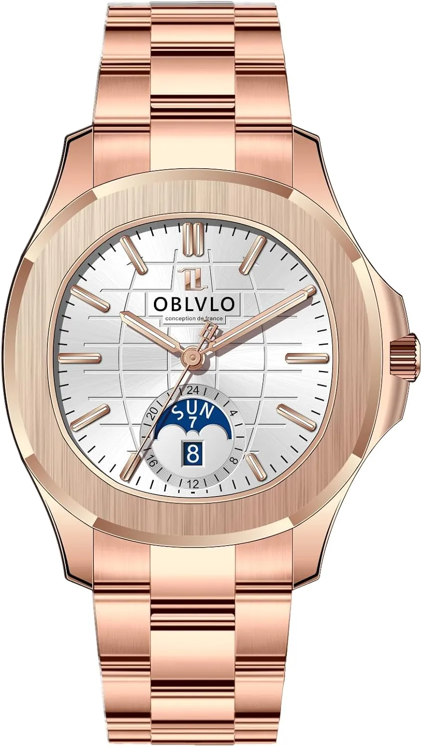 Luxury Watch, Rose Gold Stainless Steel Band, Blue Dial, Day-Date Display