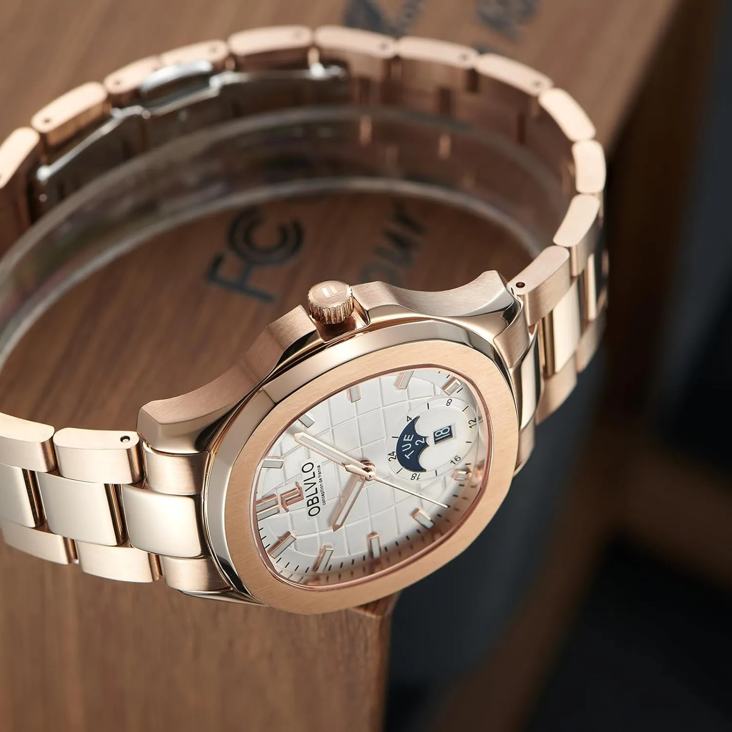 Luxury Watch, Rose Gold Stainless Steel Band, Blue Dial, Day-Date Display