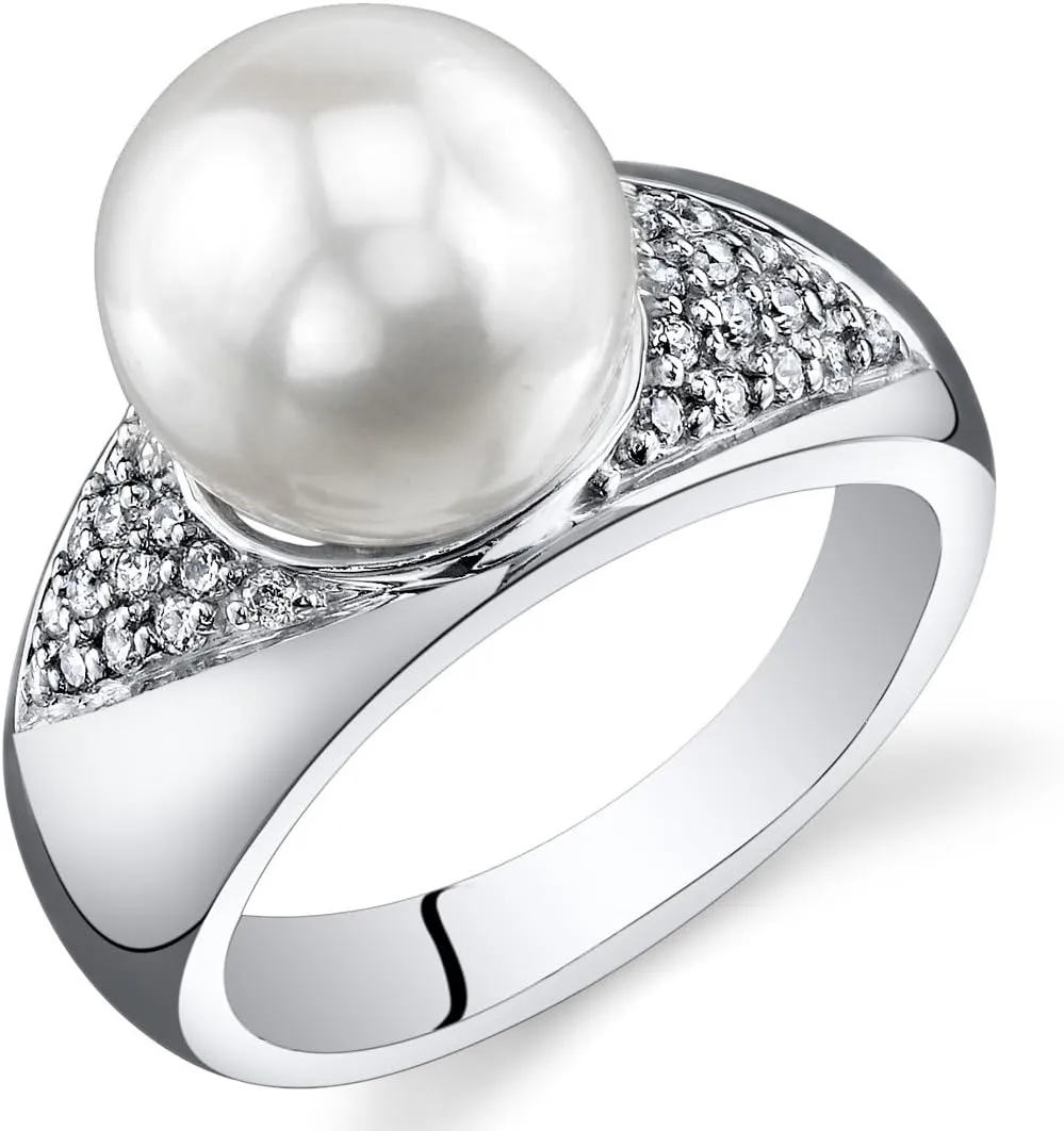 Majestic Freshwater Cultured White Pearl Ring (8.5-9mm) Sterling Silver CZ Accent Sizes 5 to 9