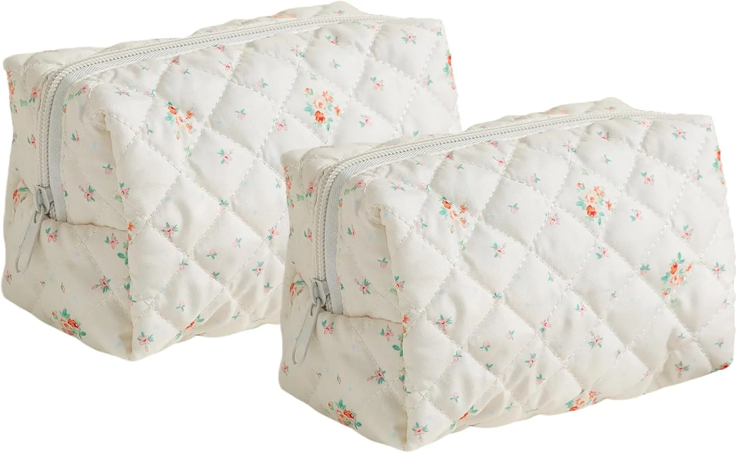 Makeup Bag, Quilted Makeup Bag,Small Floral Cosmetic Bag for Women,Cotton Makeup Bag Set,Flower Travel Toiletry Bag, White Floral
