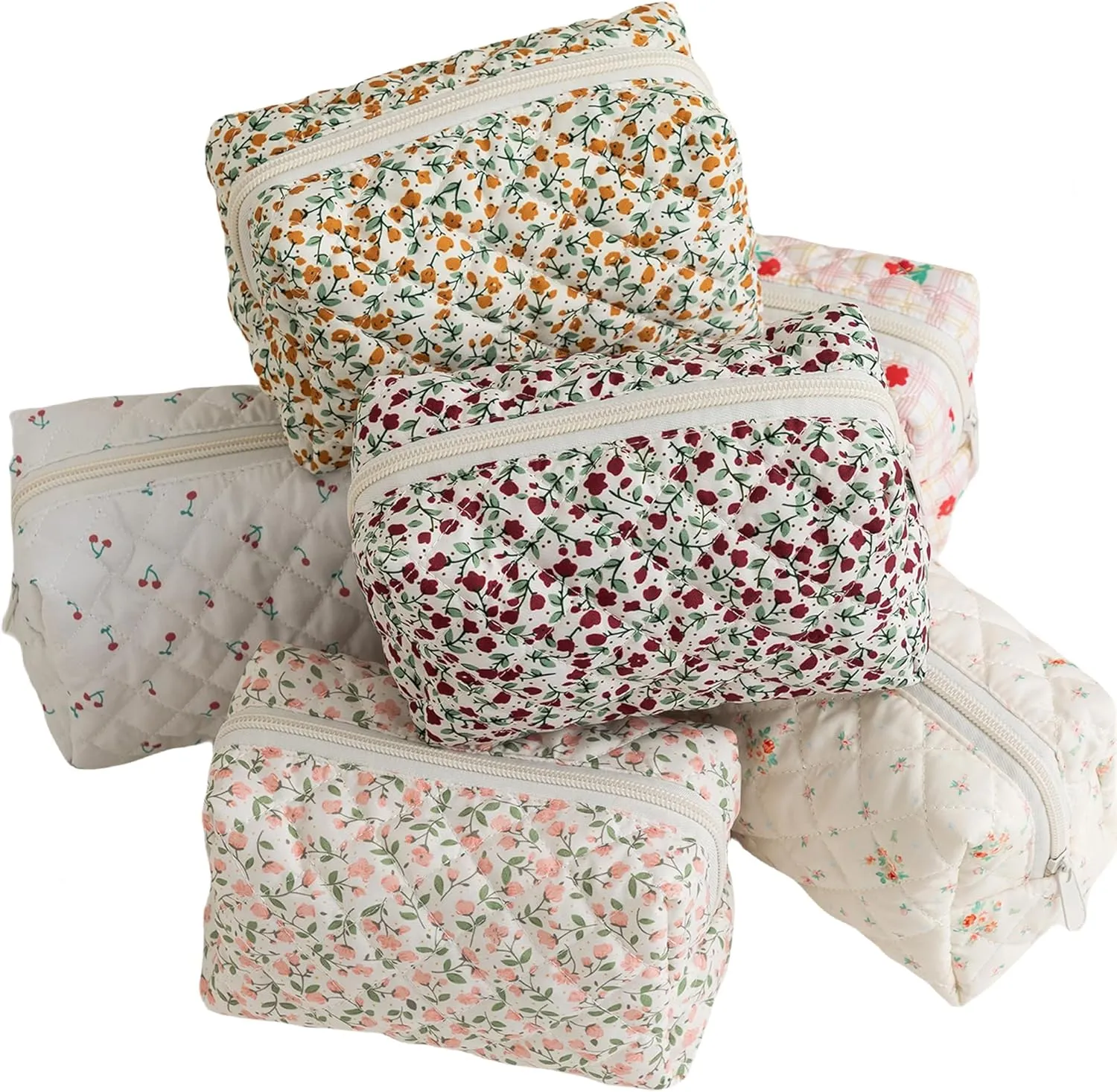 Makeup Bag, Quilted Makeup Bag,Small Floral Cosmetic Bag for Women,Cotton Makeup Bag Set,Flower Travel Toiletry Bag, White Floral