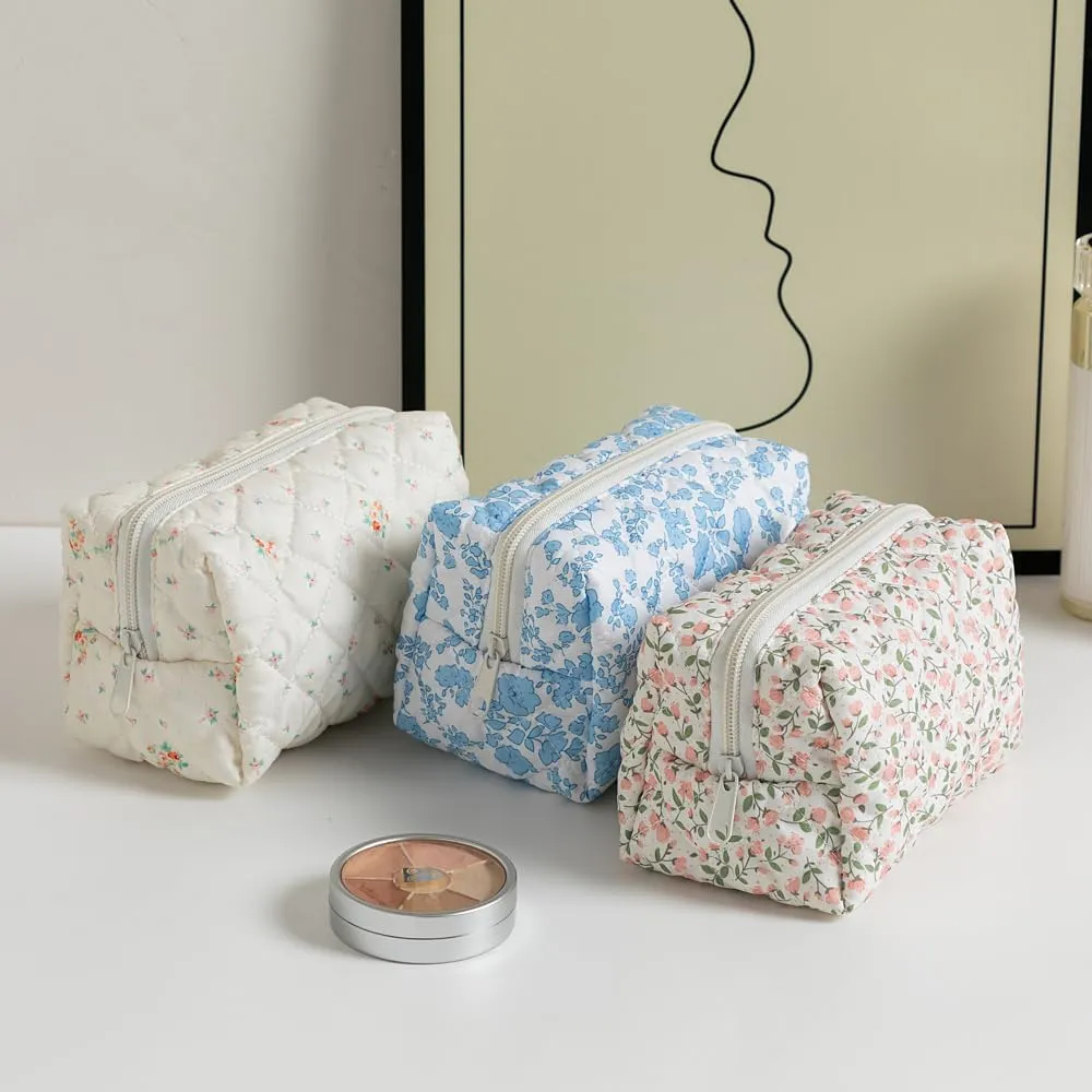 Makeup Bag, Quilted Makeup Bag,Small Floral Cosmetic Bag for Women,Cotton Makeup Bag Set,Flower Travel Toiletry Bag, White Floral