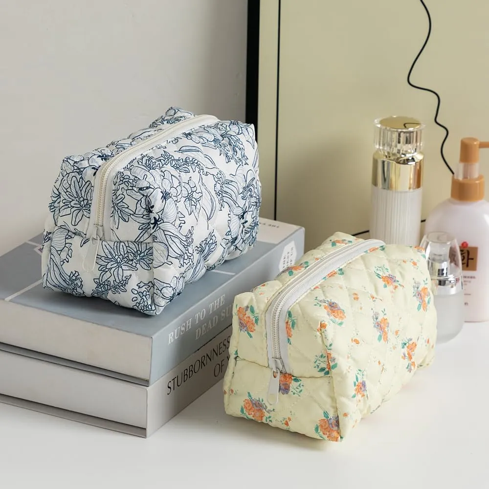 Makeup Bag, Quilted Makeup Bag,Small Floral Cosmetic Bag for Women,Cotton Makeup Bag Set,Flower Travel Toiletry Bag, White Floral