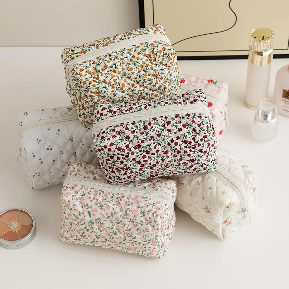 Makeup Bag, Quilted Makeup Bag,Small Floral Cosmetic Bag for Women,Cotton Makeup Bag Set,Flower Travel Toiletry Bag, White Floral