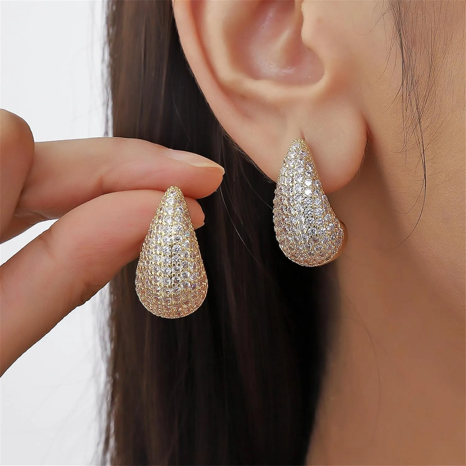 MALOYANVE Chunky Teardrop Hoop Earrings for Women Elegant Sparkly Rhinestone Cubic Zirconia Lightweight Water Drop Stud Earrings Wedding Bridal Valentine's Day Jewelry