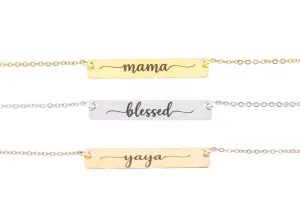 Mama Bar Necklace - Custom Mom Name Jewelry - Laser Engraved Stainless Steel 6x38 MM Silver Rose Gold Horizontal - DGR-STBR