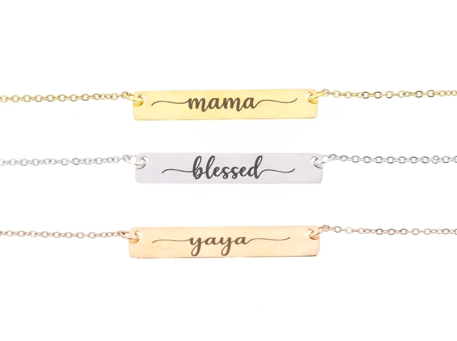 Mama Bar Necklace - Custom Mom Name Jewelry - Laser Engraved Stainless Steel 6x38 MM Silver Rose Gold Horizontal - DGR-STBR