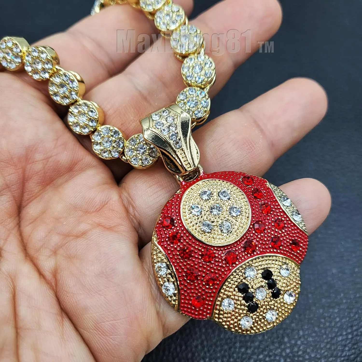 Mario Mushroom Gold Plated Pendant Charm Bling Iced Out Flower Chain Hip Hop Rapper Style Necklace for Men, Women, Unisex