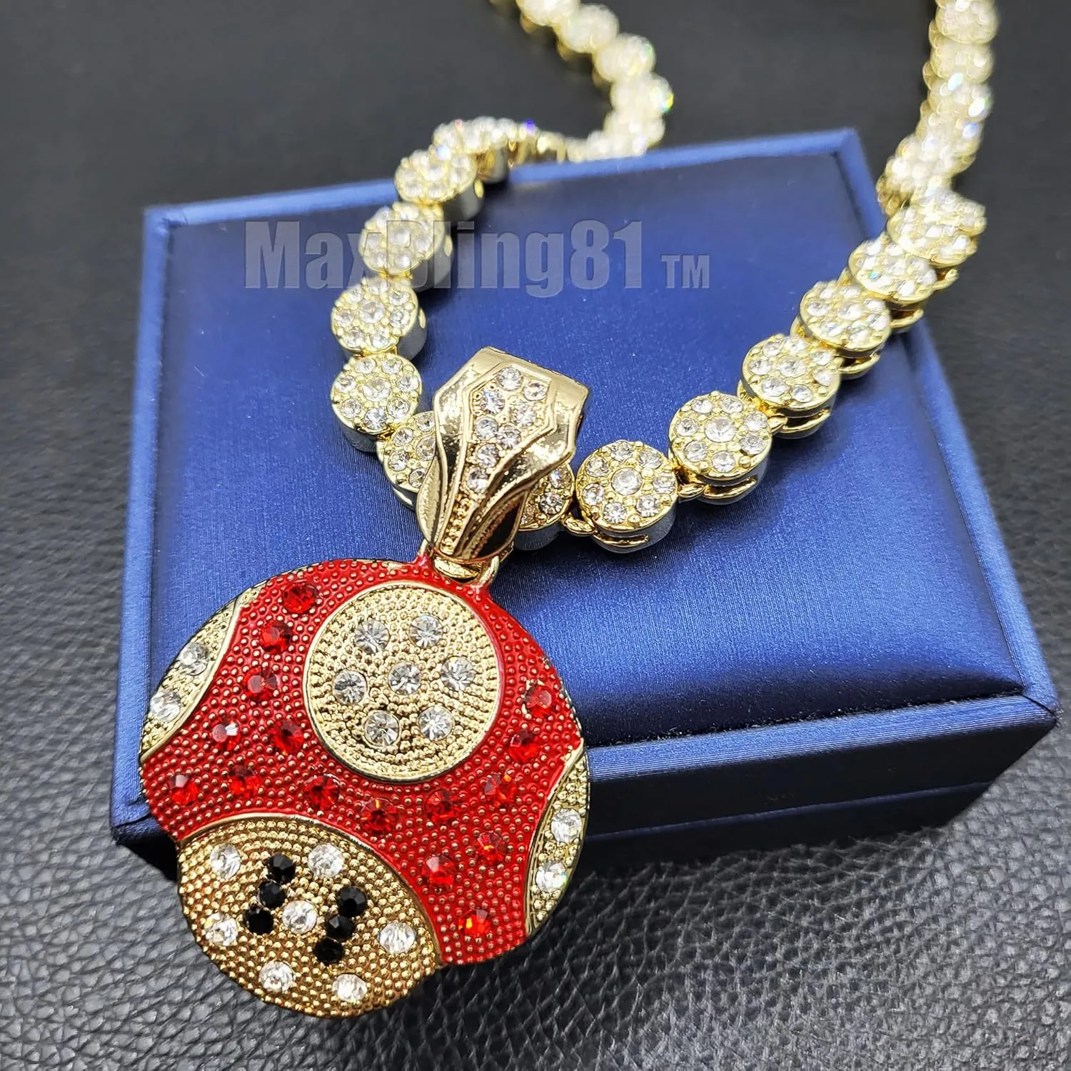Mario Mushroom Gold Plated Pendant Charm Bling Iced Out Flower Chain Hip Hop Rapper Style Necklace for Men, Women, Unisex