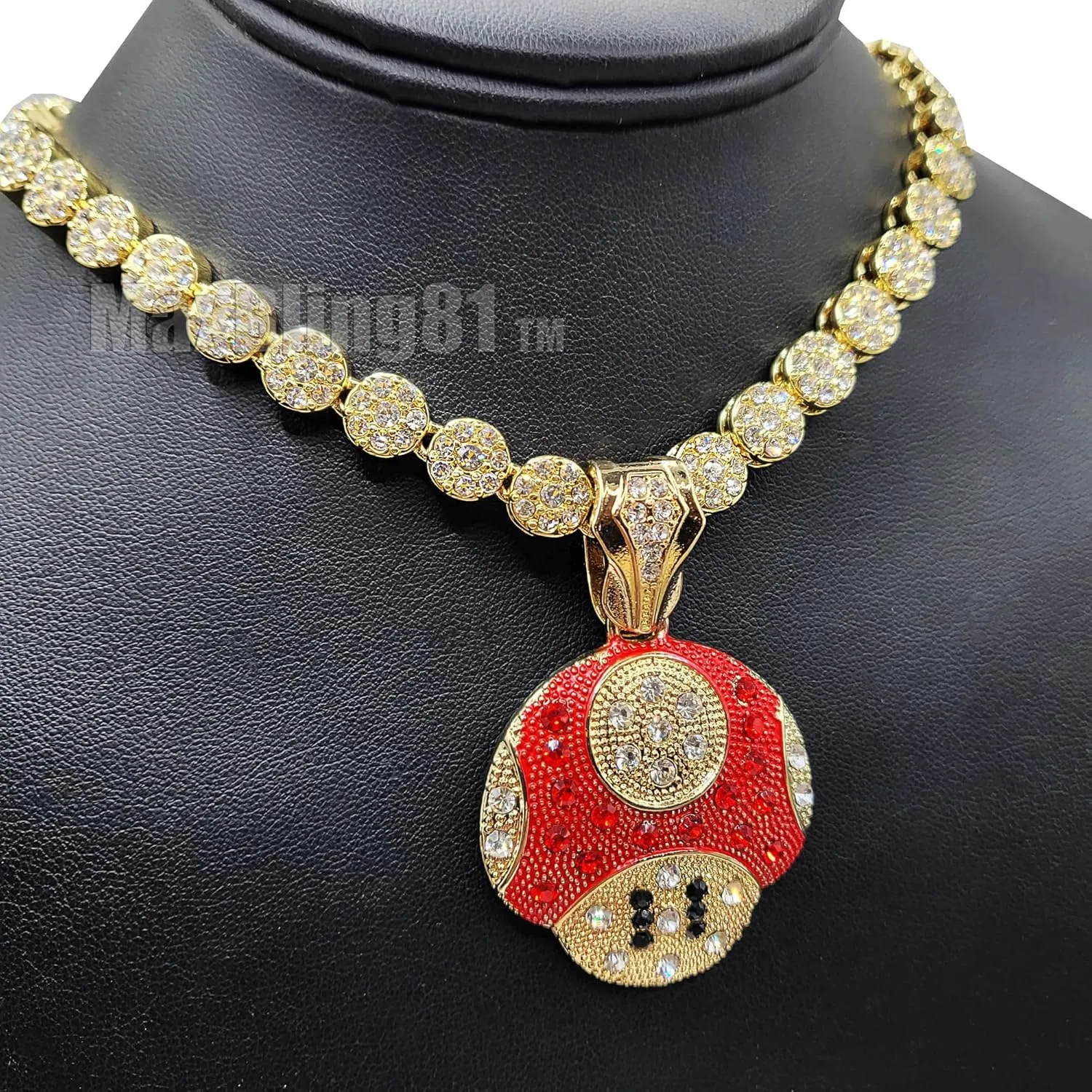 Mario Mushroom Gold Plated Pendant Charm Bling Iced Out Flower Chain Hip Hop Rapper Style Necklace for Men, Women, Unisex