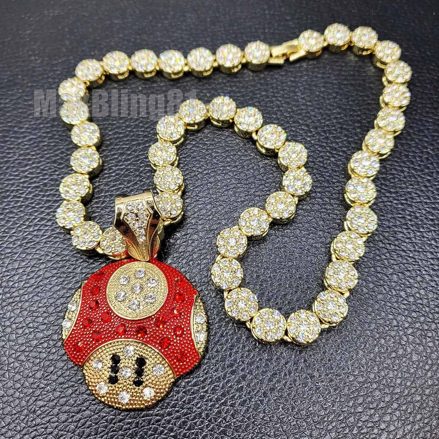 Mario Mushroom Gold Plated Pendant Charm Bling Iced Out Flower Chain Hip Hop Rapper Style Necklace for Men, Women, Unisex