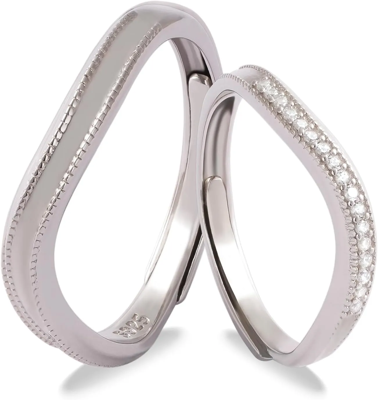 Matching Couple Rings 925 Sterling Silver Promise Rings for Her and Him Silver Matching Bands Curved Design Adjustable Engagement Ring for Birthday
