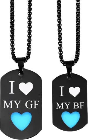 Matching Necklace For Couples, 2 Pcs I Love My Bf & Gf Engraved Stainless Steel Pendant Necklaces Glow In The Dark Heart Simple Dog Tag Necklace Valentine's Day Jewelry Gift