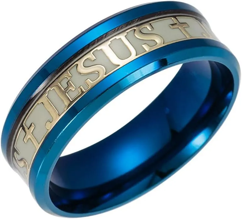 Men 8mm Wide Luminous Effect Stainless Steel Luminous Cross Jesus Band Ring Glow in The Dark