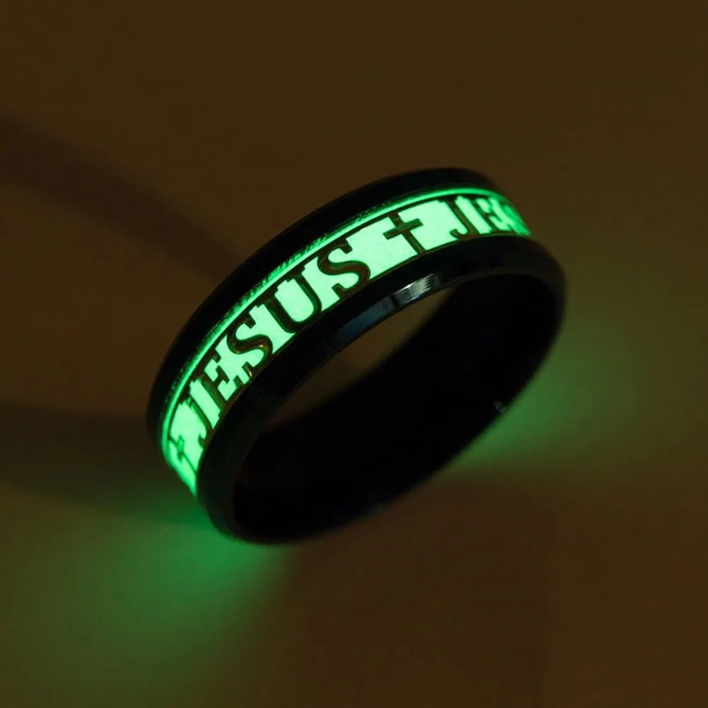 Men 8mm Wide Luminous Effect Stainless Steel Luminous Cross Jesus Band Ring Glow in The Dark