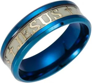 Men 8mm Wide Luminous Effect Stainless Steel Luminous Cross Jesus Band Ring Glow in The Dark