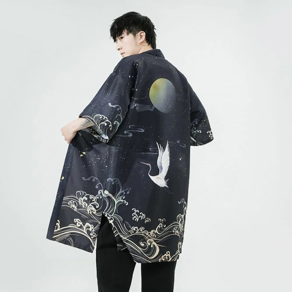 Men Japanese Long Kimono Cardigan Jacket Loose Yukata Outwear Coat Japanese Style Flying Crane Open Front Robe