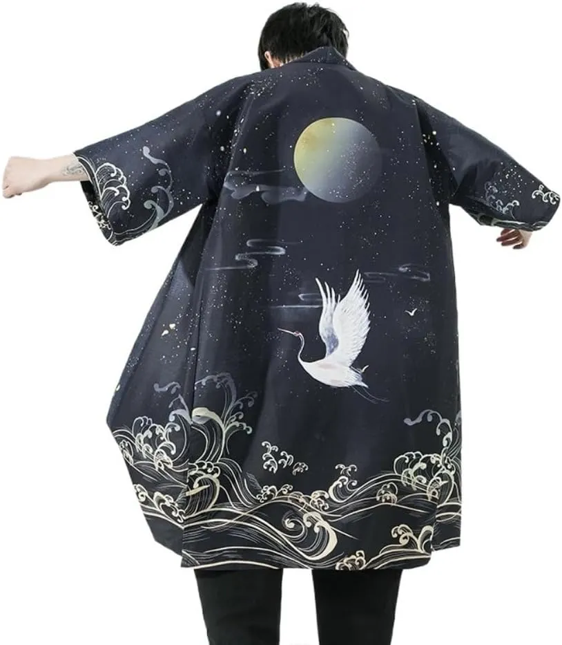Men Japanese Long Kimono Cardigan Jacket Loose Yukata Outwear Coat Japanese Style Flying Crane Open Front Robe