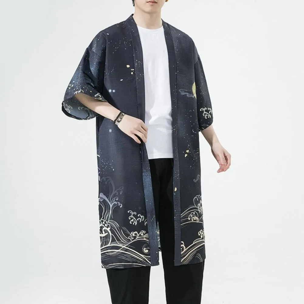 Men Japanese Long Kimono Cardigan Jacket Loose Yukata Outwear Coat Japanese Style Flying Crane Open Front Robe
